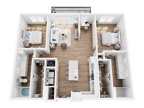 A top-down view of a modern, white-walled, two-bedroom apartment with a kitchen, living room, and bathroom.